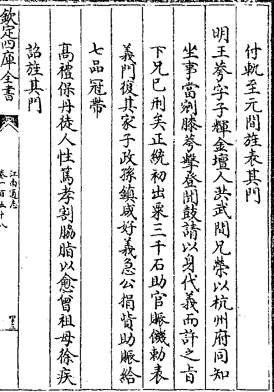 明王荂字子辉金坛人洪武间兄荣以杭州府同知 坐事当剜膝荂击登闻鼓