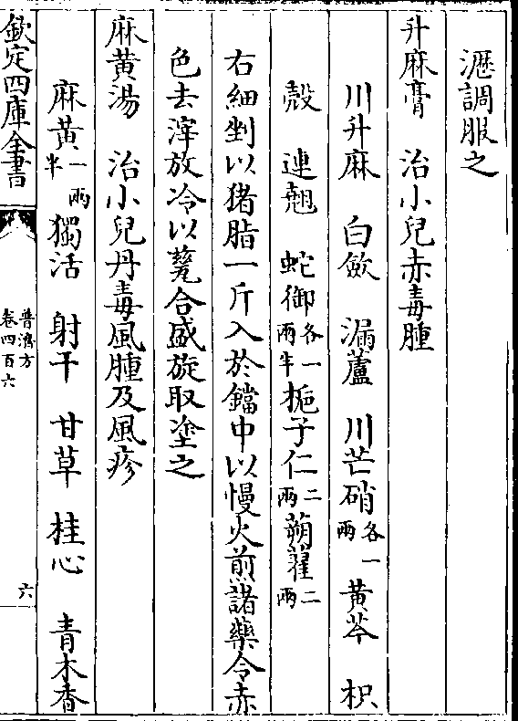 升麻膏 治小儿赤毒肿 川升麻 白敛 漏芦 川芒硝(各一/两)黄芩 枳