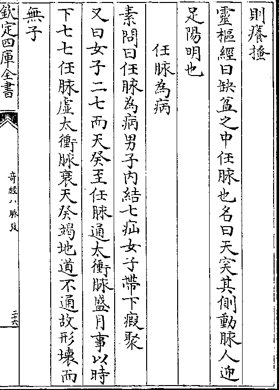 素问曰任脉为病男子内结七疝女子带下瘕聚 又曰女子二七而天癸至任脉