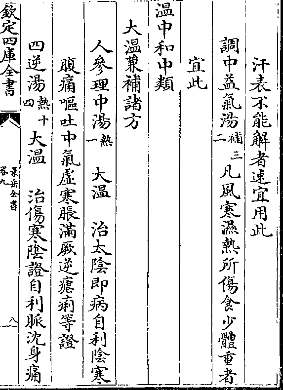 宜此 温中和中类  大温兼补诸方   人参理中汤(热/一) 大温 治太阴