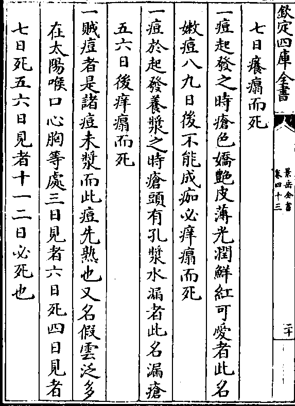 日后不能成痂必痒而死 一痘于起发养浆之时疮头有孔浆水漏者此名漏疮