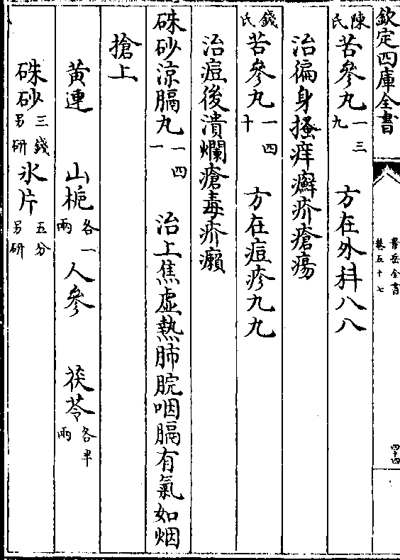 癣疥疮疡 (钱/氏)苦参丸(一四/十) 方在痘疹九九 治痘后溃烂疮毒疥癞