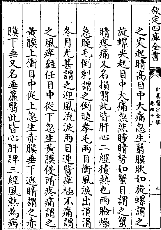 贯睛两眼混赤如朱经风热为病也两眦筋膜努出谓之努肉攀睛两翻出视物