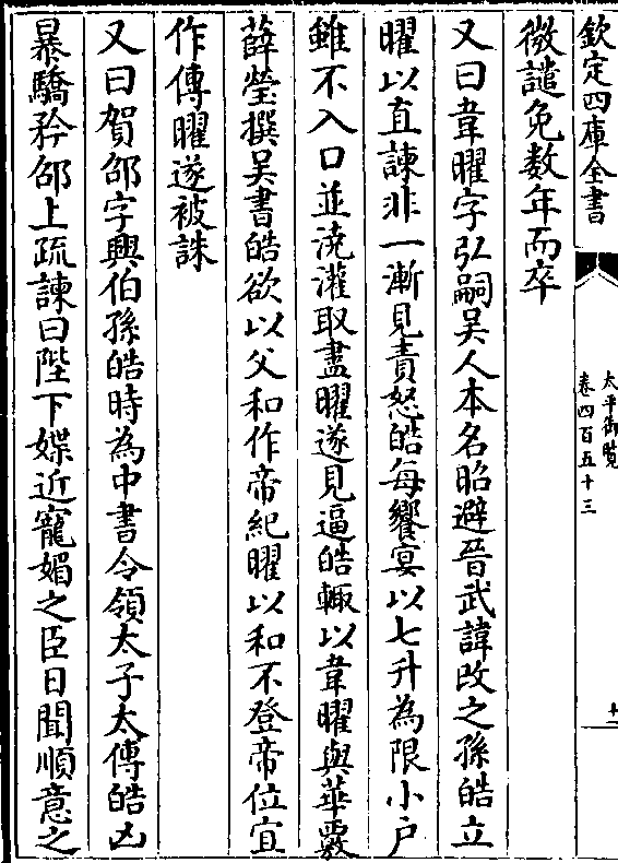 又曰韦曜字弘嗣吴人本名昭避晋武讳改之孙皓立 曜以直谏非一渐见责怒