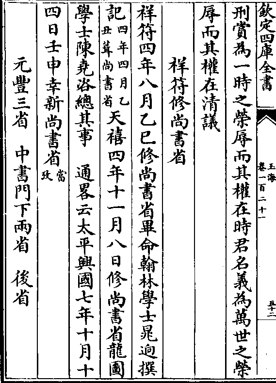 权在清议 祥符修尚书省 祥符四年八月乙巳修尚书省毕命翰林学士晁迥撰