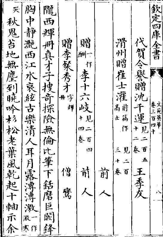 代贺令誉赠沈千运(见二百五/十二卷)王季友 滑州赠崔士灌(前篇