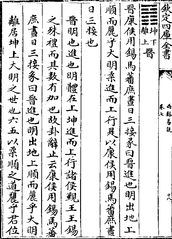 晋康侯用锡马蕃庶昼日三接彖曰晋进也明出地上 顺而丽乎大明柔进而