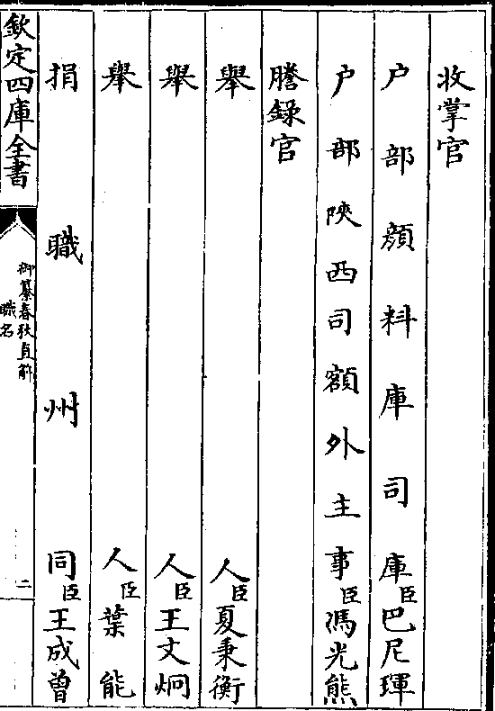 司 库(臣)巴尼珲 户 部 陜 西 司 额 外 主 事(臣)冯光熊 誊录官