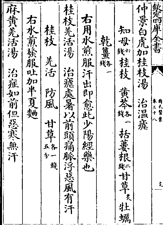 牡蛎 乾姜(各一/钱 右用水煎服汗出即愈此少阳经药也 桂枝羌活汤