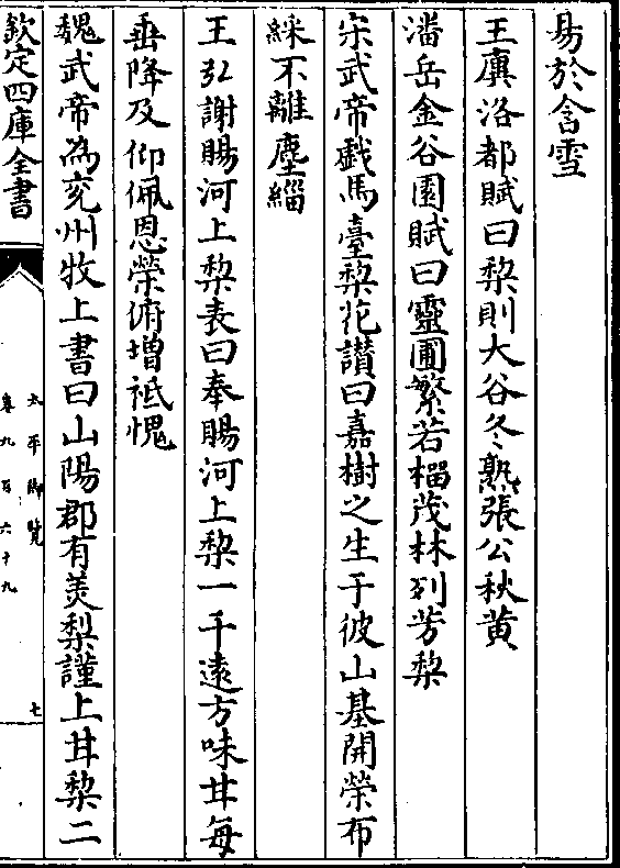 王廙洛都赋曰梨则大谷冬熟张公秋黄 潘岳金谷园赋曰灵圃繁若榴茂林列