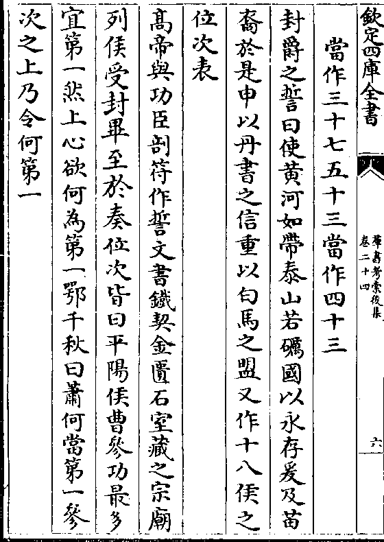 盟又作十八侯之 位次表 高帝与功臣剖符作誓文书铁契金匮石室藏之宗庙